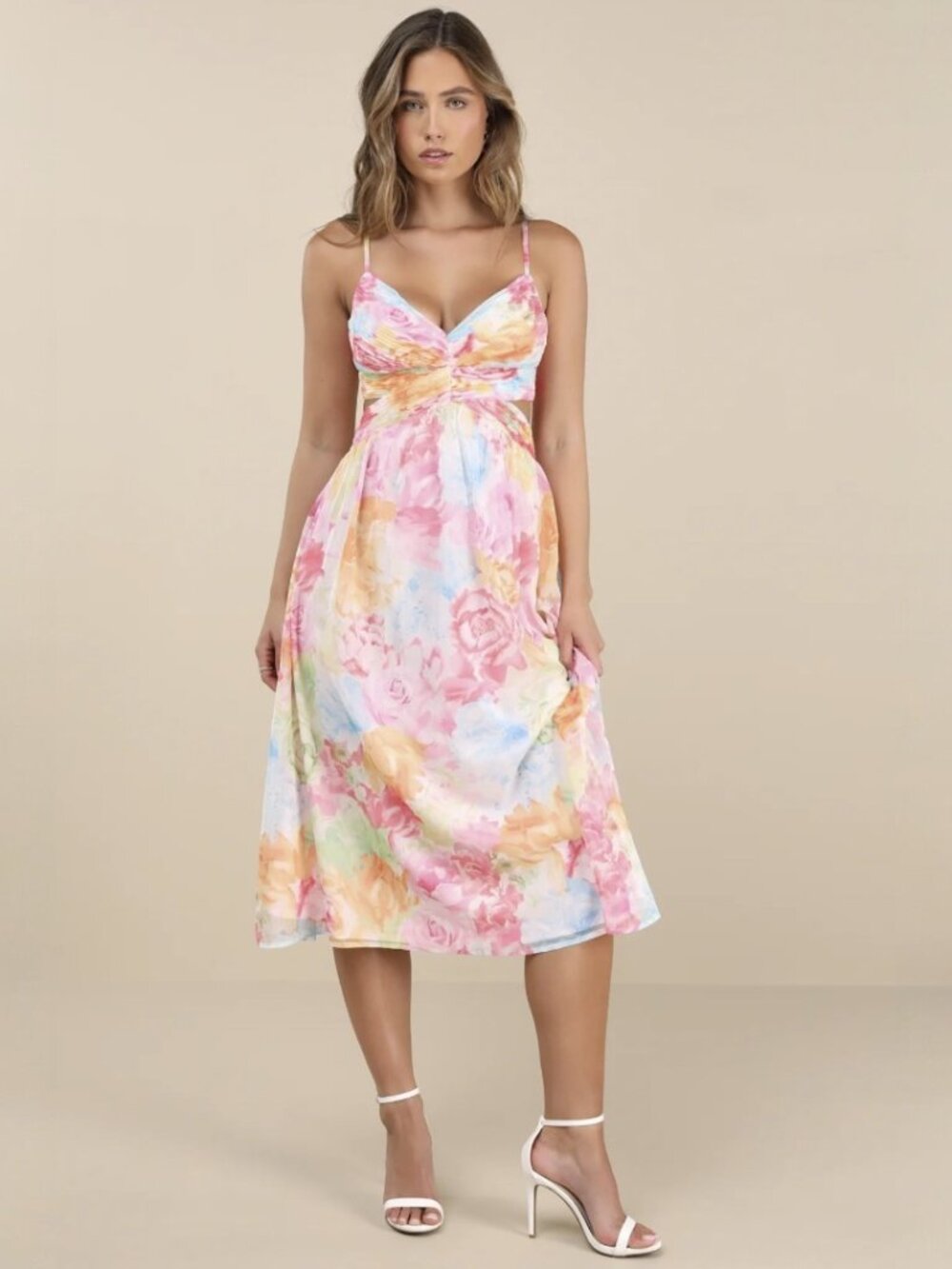 Lulus Ettalie Pink Multi Floral Lace-Up Midi Dress NWT